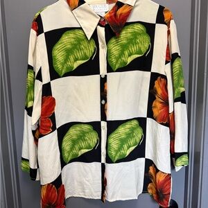 Checkered black and white silk button up blouse